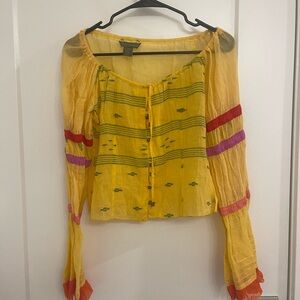 Paul Ropp Vibrant Yellow Bohemian Blouse with Colorful Accents Cottagecore